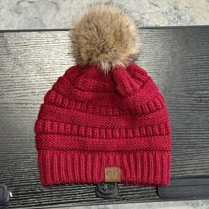 C.C Red Knit Beanie with Faux Fur Pom-Pom